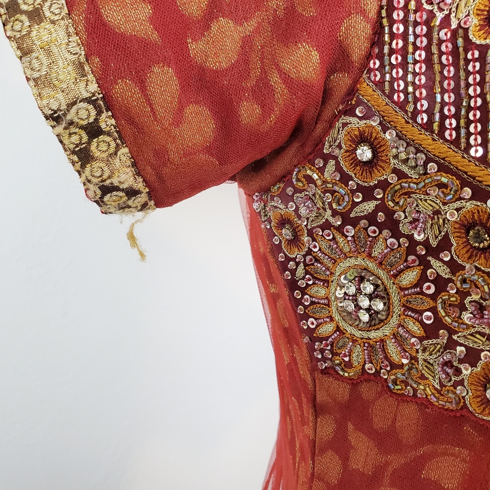 Traditional Indian Dress Pakistani Beaded Floral Embellished Metallic Burnt Red - Picture 14 of 16